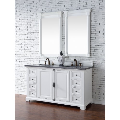 "Providence 60"" Cottage White Double Vanity with Shadow Gray Quartz Top"