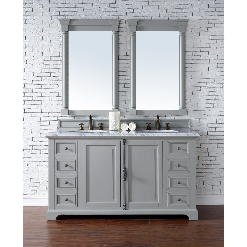 "Providence 60"" Urban Gray Double Vanity with Absolute Black Rustic Stone Top"