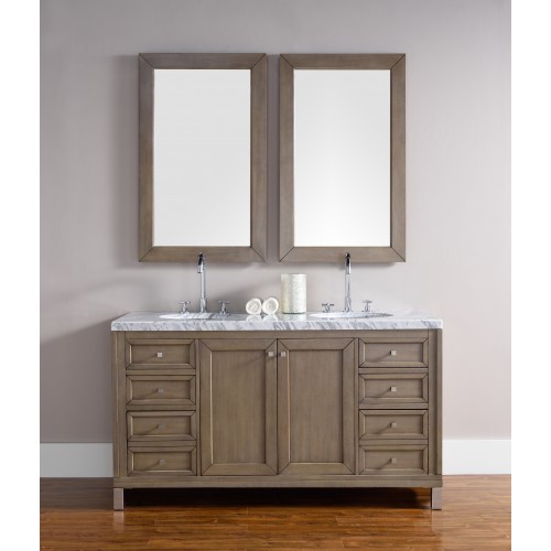 "Chicago 60"" White Washed Walnut Double Vanity with Black Rustic Stone Top"