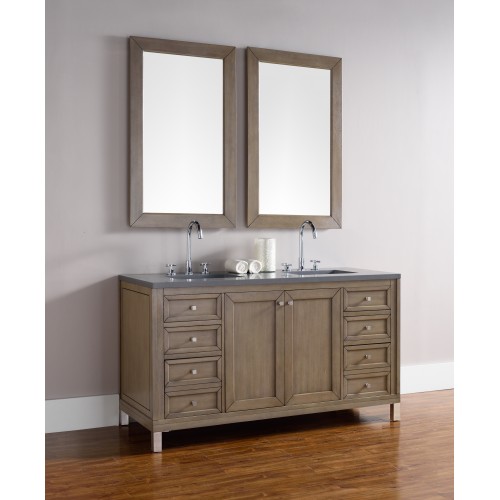 "Chicago 60"" White Washed Walnut Double Vanity with Shadow Gray Quartz Top"