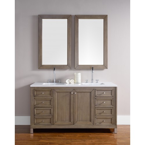 "Chicago 60"" White Washed Walnut Double Vanity with Snow White Quartz Top"