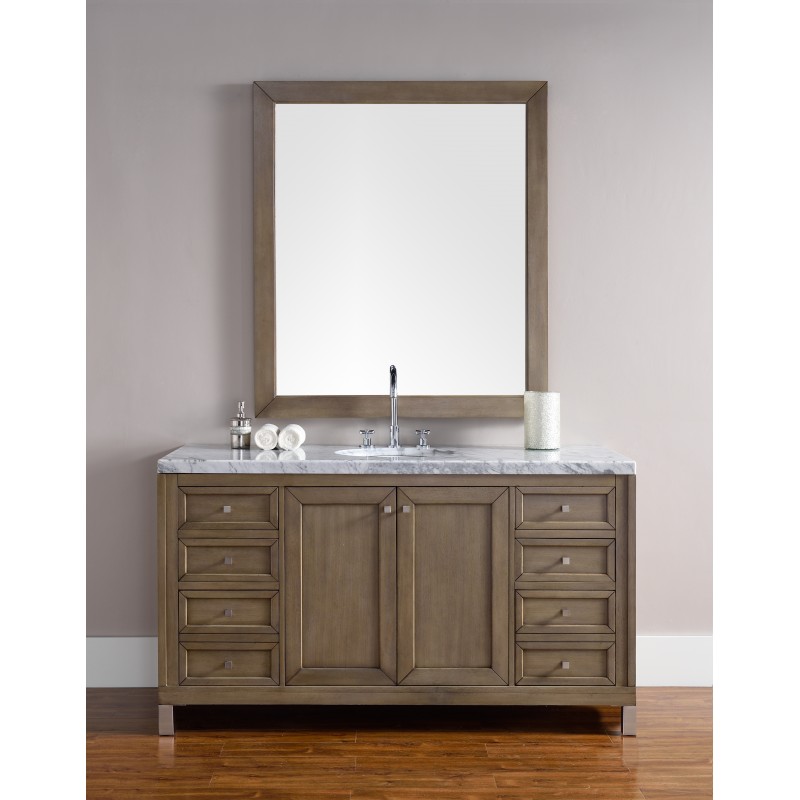 "Chicago 60"" White Washed Walnut Single Vanity with Black Rustic Stone Top"