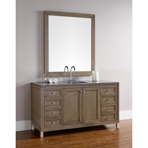 "Chicago 60"" White Washed Walnut Single Vanity with Shadow Gray Quartz Top"