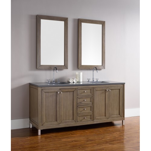 "Chicago 72"" White Washed Walnut Double Vanity with Shadow Gray Quartz Top"