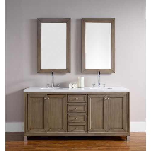 "Chicago 72"" White Washed Walnut Double Vanity with Snow White Quartz Top"