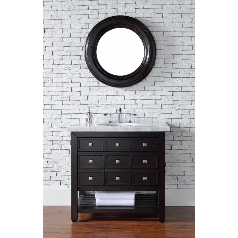 "Vancouver 36"" Cerused Espresso Oak Single Vanity with Black Rustic Stone Top"