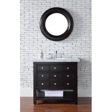 "Vancouver 36"" Cerused Espresso Oak Single Vanity with Black Rustic Stone Top"