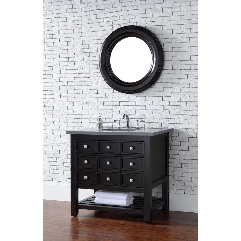 "Vancouver 36"" Cerused Espresso Oak Single Vanity with Shadow Gray Quartz Top"