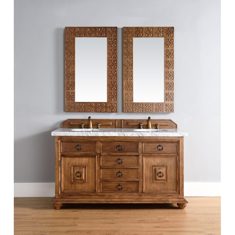 "Mykonos 60"" Cinnamon Double Vanity w/ Drawers with Black Rustic Stone Top"