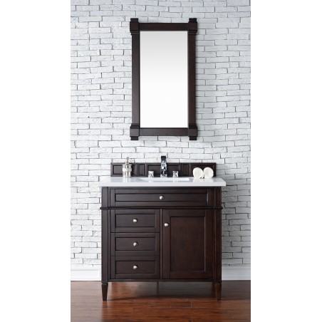 "Brittany 36"" Burnished Mahogany Single Vanity with Snow White Quartz Top"