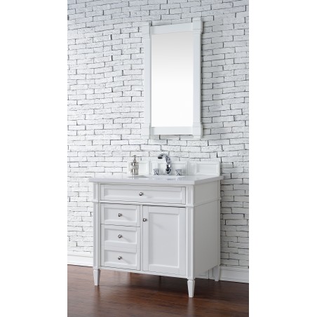 "Brittany 36"" Cottage White Single Vanity with Snow White Quartz Top"