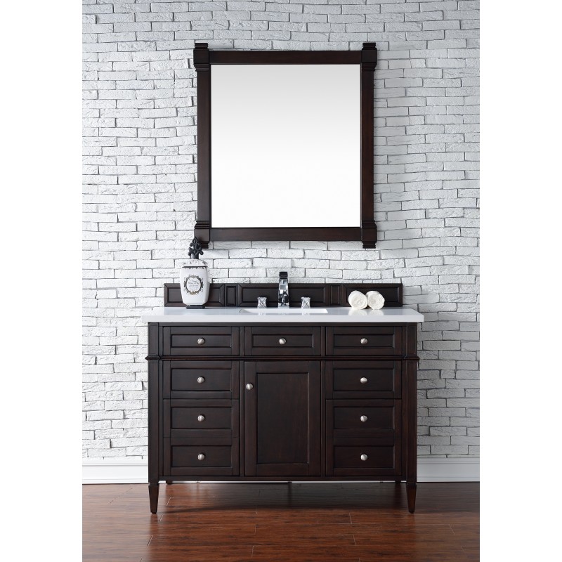 "Brittany 48"" Burnished Mahogany Single Vanity with Snow White Quartz Top"