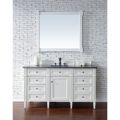 "Brittany 60"" Cottage White Single Vanity with Shadow Gray Quartz Top"