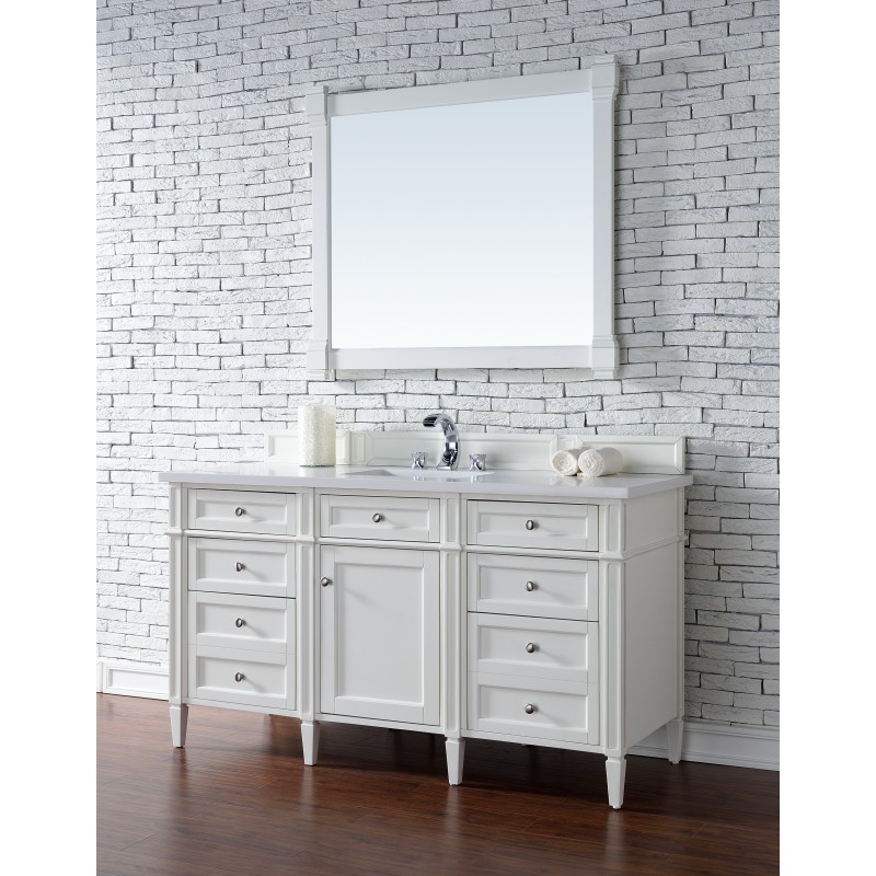 "Brittany 60"" Cottage White Single Vanity with Snow White Quartz Top"