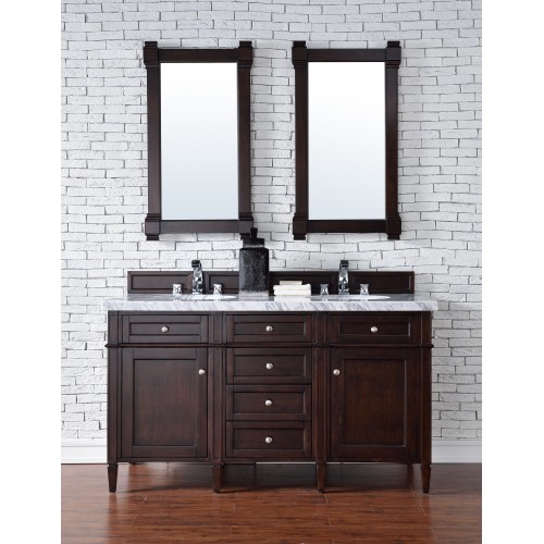 "Brittany 60"" Burnished Mahogany Double Vanity with Absolute Black Rustic Stone Top"