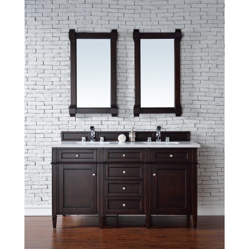 "Brittany 60"" Burnished Mahogany Double Vanity with Snow White Quartz Top"
