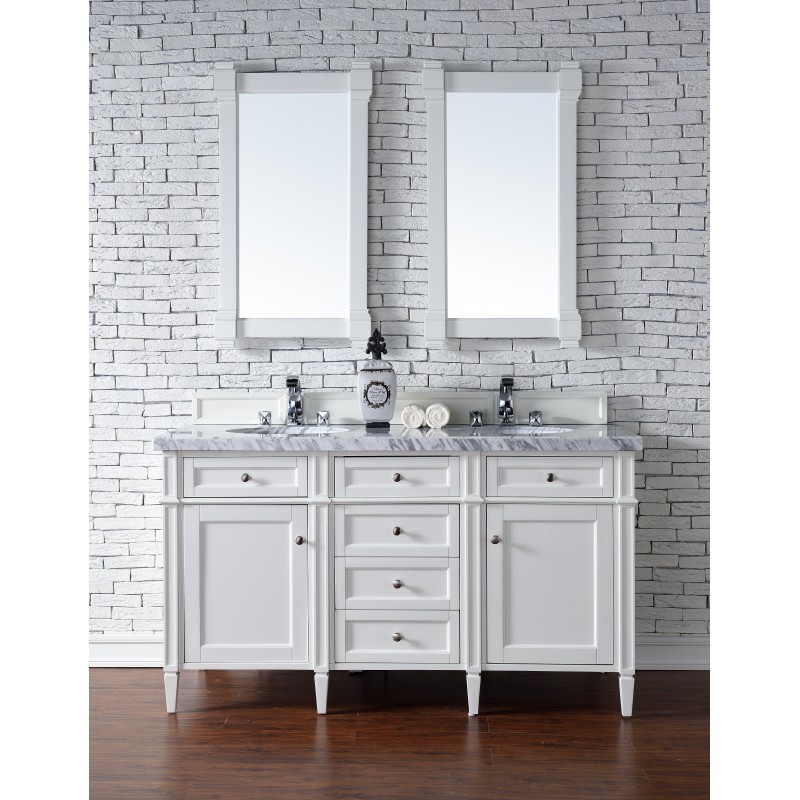 "Brittany 60"" Cottage White Double Vanity with Absolute Black Rustic Stone Top"