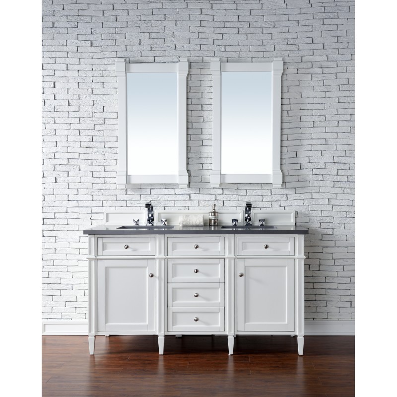 "Brittany 60"" Cottage White Double Vanity with Shadow Gray Quartz Top"