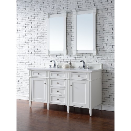 "Brittany 60"" Cottage White Double Vanity with Snow White Quartz Top"