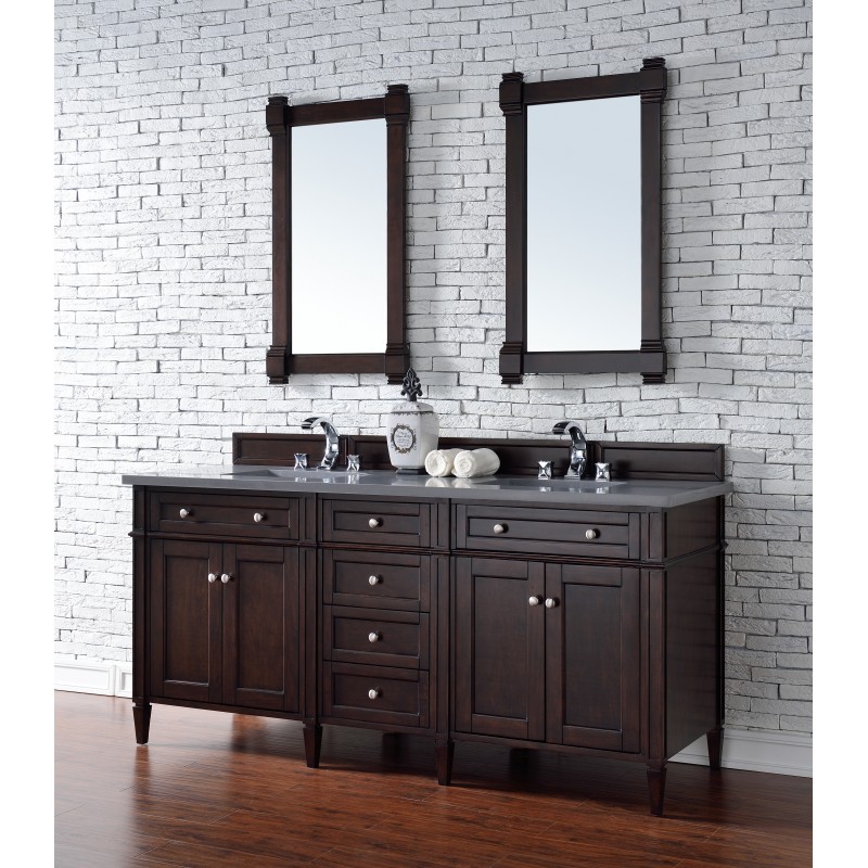 "Brittany 72"" Burnished Mahogany Double Vanity with Shadow Gray Quartz Top"