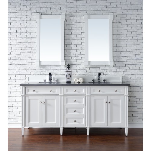 "Brittany 72"" Cottage White Double Vanity with Shadow Gray Quartz Top"