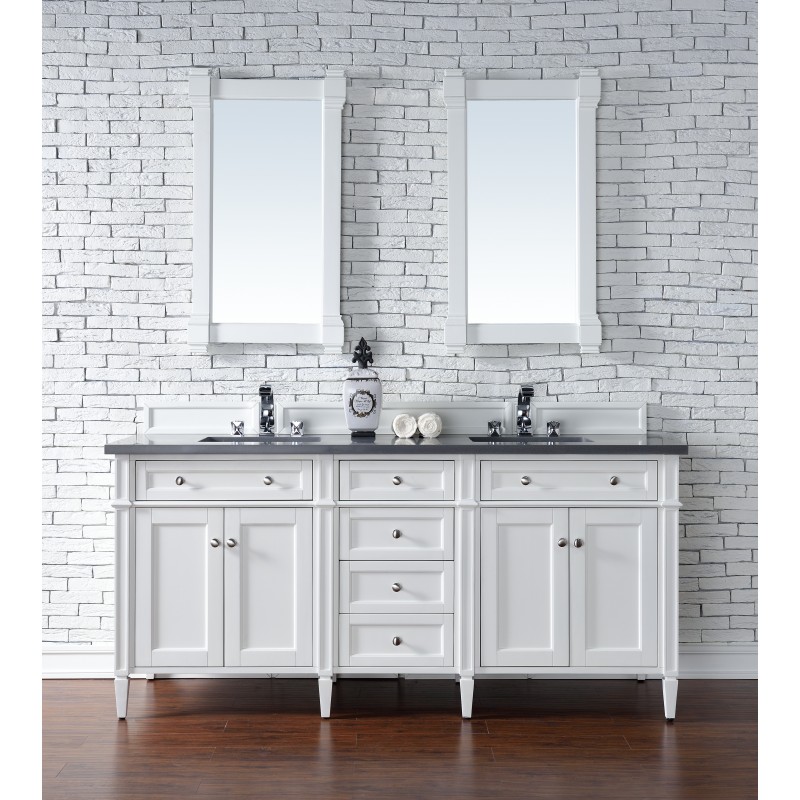 "Brittany 72"" Cottage White Double Vanity with Shadow Gray Quartz Top"