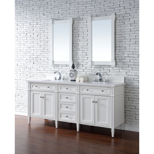 "Brittany 72"" Cottage White Double Vanity with Snow White Quartz Top"