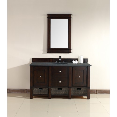 "Madison 60"" Burnished Mahogany Double Vanity with Absolute Black Rustic Stone Top"