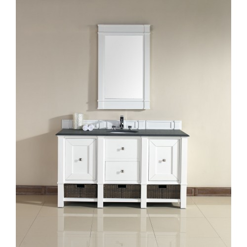 "Madison 60"" Cottage White Double Vanity with Absolute Black Rustic Stone Top"