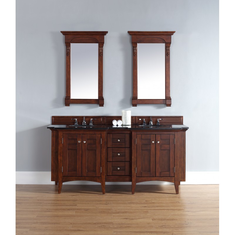 "North Hampton 72"" Double Vanity Warm Cherry Finish Absolute Black Top"