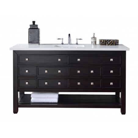 "Vancouver 60"" Cerused Espresso Oak Single Vanity with Shadow Gray Quartz Top"