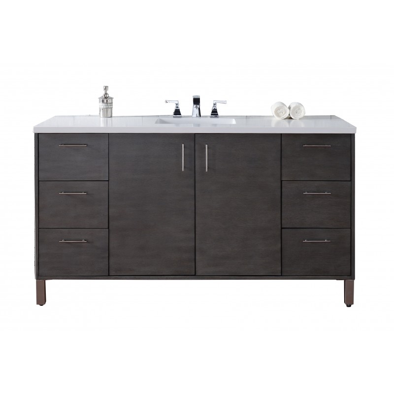 "Metropolitan 60"" Silver Oak Single Vanity with Absolute Black Rustic Stone Top"