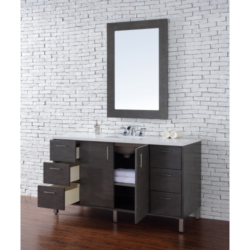 "Metropolitan 60"" Silver Oak Single Vanity with Absolute Black Rustic Stone Top"