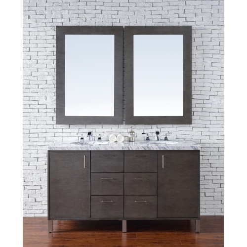 "Metropolitan 60"" Silver Oak Double Vanity with Absolute Black Rustic Stone Top"