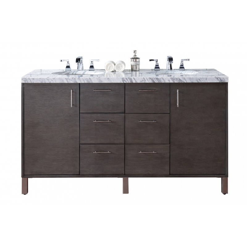 "Metropolitan 60"" Silver Oak Double Vanity with Absolute Black Rustic Stone Top"