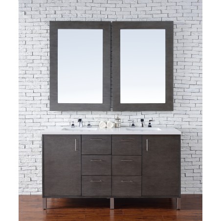 "Metropolitan 60"" Silver Oak Double Vanity with Absolute Black Rustic Stone Top"