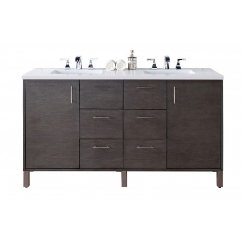 "Metropolitan 60"" Silver Oak Double Vanity with Absolute Black Rustic Stone Top"