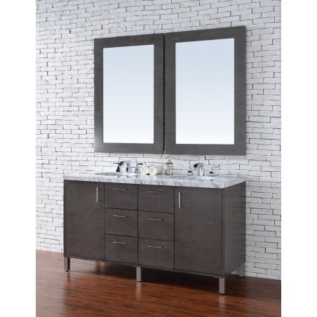 "Metropolitan 60"" Silver Oak Double Vanity with Absolute Black Rustic Stone Top"