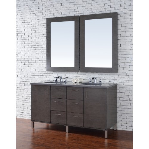 "Metropolitan 60"" Silver Oak Double Vanity with Absolute Black Rustic Stone Top"