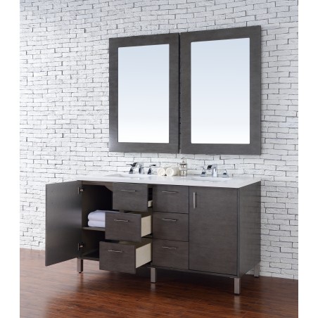 "Metropolitan 60"" Silver Oak Double Vanity with Absolute Black Rustic Stone Top"