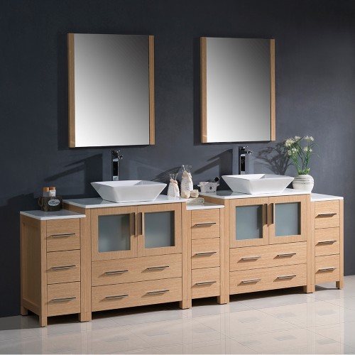 Fresca Torino 96" Light Oak Modern Double Sink Bathroom Vanity w/ Vessel Sinks