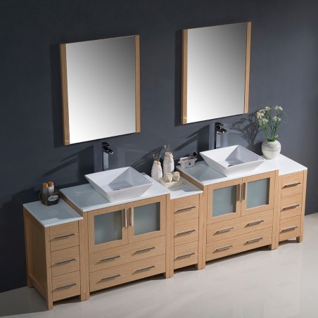 Fresca Torino 96" Light Oak Modern Double Sink Bathroom Vanity w/ Vessel Sinks