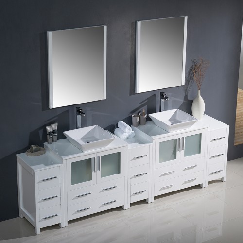 Fresca Torino 96" White Modern Double Sink Bathroom Vanity w/ Vessel Sinks