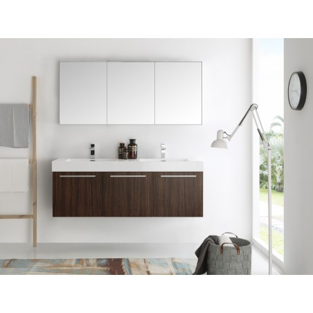 Fresca Vista 60 Walnut Wall Hung Double Sink Modern Bathroom Vanity w/ Medicine Cabinet