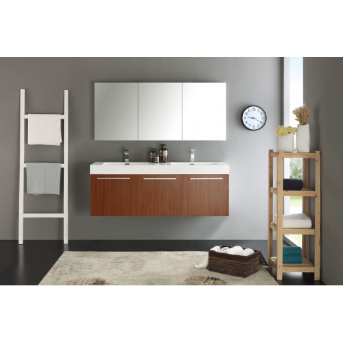 Fresca Vista 60 Teak Wall Hung Double Sink Modern Bathroom Vanity w/ Medicine Cabinet