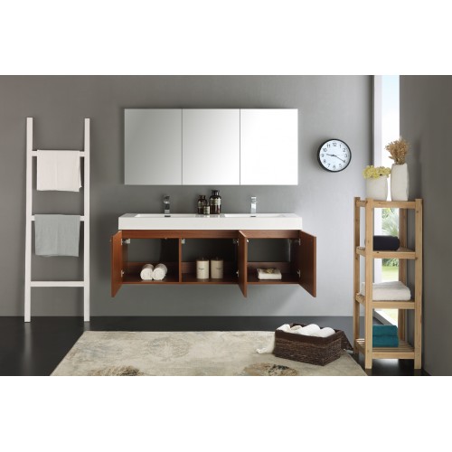 Fresca Vista 60 Teak Wall Hung Double Sink Modern Bathroom Vanity w/ Medicine Cabinet