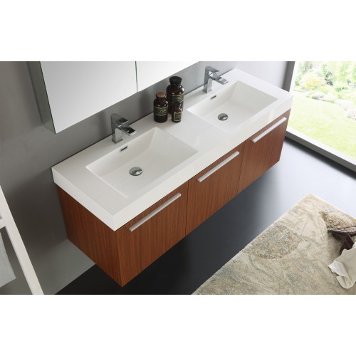 Fresca Vista 60 Teak Wall Hung Double Sink Modern Bathroom Vanity w/ Medicine Cabinet