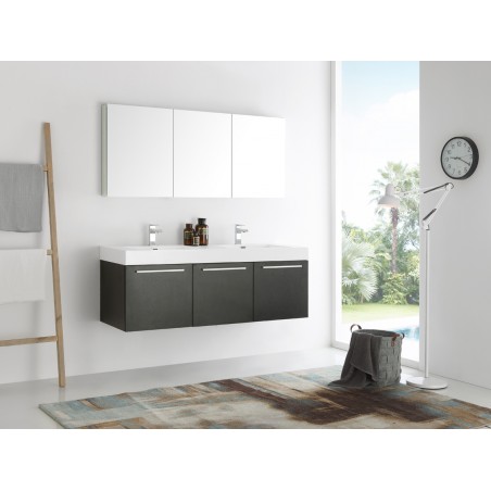 Fresca Vista 60 Black Wall Hung Double Sink Modern Bathroom Vanity w/ Medicine Cabinet
