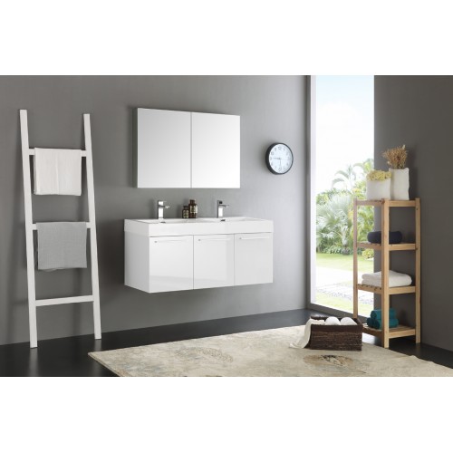 Fresca Vista 48 White Wall Hung Double Sink Modern Bathroom Vanity w/ Medicine Cabinet