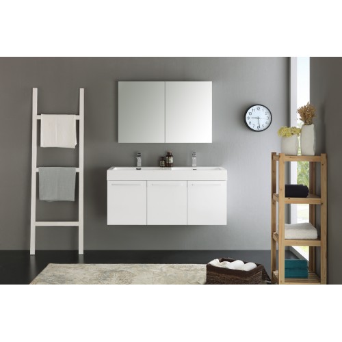 Fresca Vista 48 White Wall Hung Double Sink Modern Bathroom Vanity w/ Medicine Cabinet